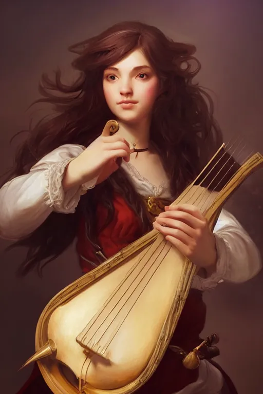 Prompt: beautiful bard holding a lute, accurate anatomy, only two hands, highly detailed, digital painting, artstation, concept art, smooth, sharp focus, illustration, Unreal Engine 5, 8K, art by Artgerm and greg rutkowski