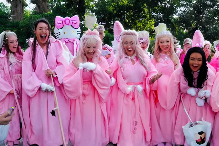 Image similar to group shot of many Gandalfs wearing pink Hello kitty costumes, laughing maniacally, sunrise, movie still from Lord of the Rings, cinematic