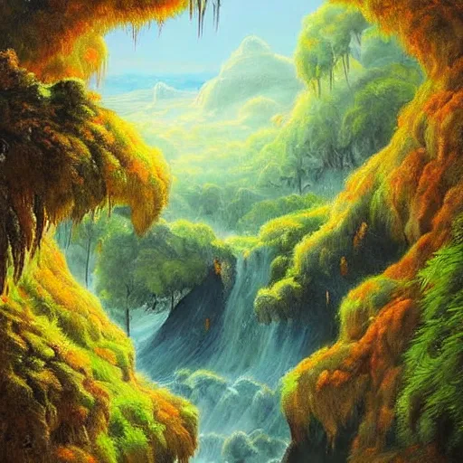 Prompt: large landscapes from another world, beautiful painting, very detailed fauna and flora, enhance lighting