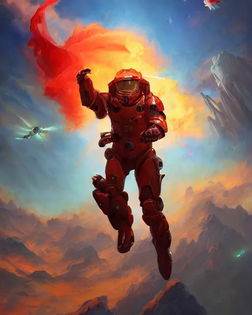 Image similar to Master chief skydiving, fiery, by pete mohrbacher and artgerm and wlop, digital art, highly detailed, intricate, fantasy, mystical, sharp focus, Trending on Artstation HQ, deviantart, unreal engine, 4K UHD image