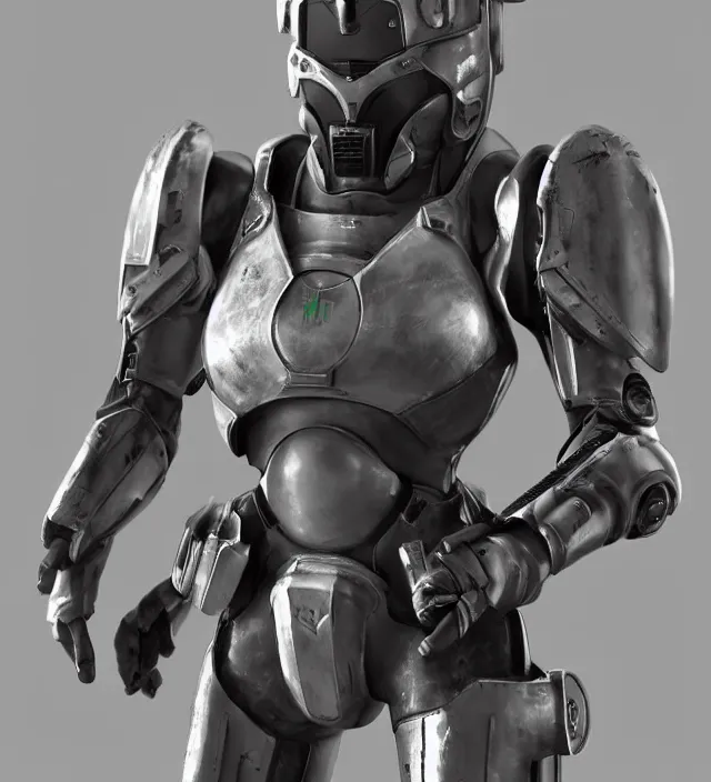 Image similar to a 3 / 4 view of a soldier wearing powered armor in the style of fallout power - armor and bubblegum crisis powersuit trending on artstation deviantart pinterest hyper detailed photorealistic hd 8 k post - processing high resolution