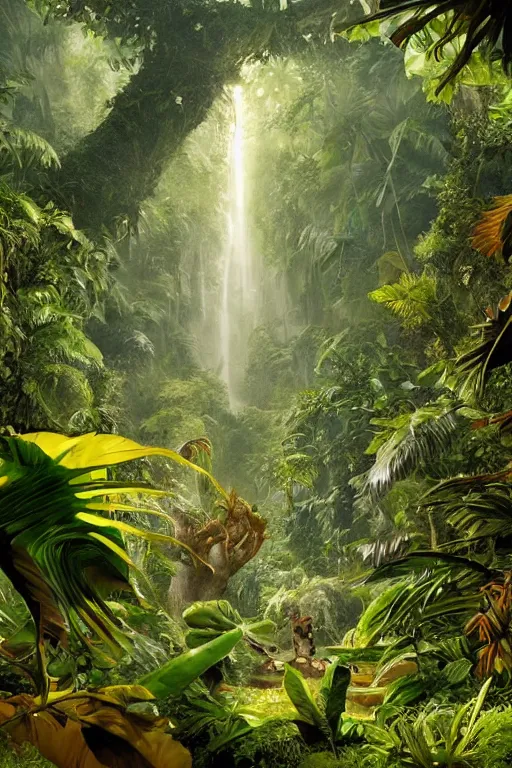 Image similar to a giant plant in the exotic jungle, landscape, alex ross, david finch, concept art, matte painting, highly detailed, rule of thirds, dynamic lighting, cinematic, detailed, denoised, centerd