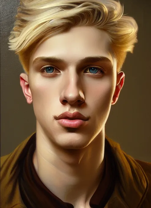 Image similar to young man with ash blond hair, oil painting, intricate, elegant, highly detailed, lighting, painting, artstation, smooth, illustration, art by greg rutowski and alphonse mucha