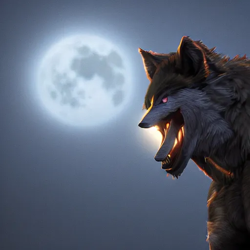 Prompt: werewolf with fullmoon behind, 4k, octane render