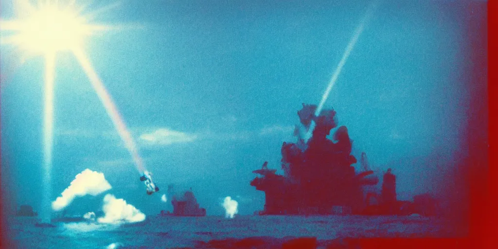 Prompt: analog polaroid photograph of godzilla in the ocean, attacking an oil rig, seen from above, drone footage, bright sun reflection in the water, lensflare, film grain, azure tones, red color bleed