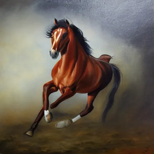 Image similar to an oil pianting of a horse running with fire all around it