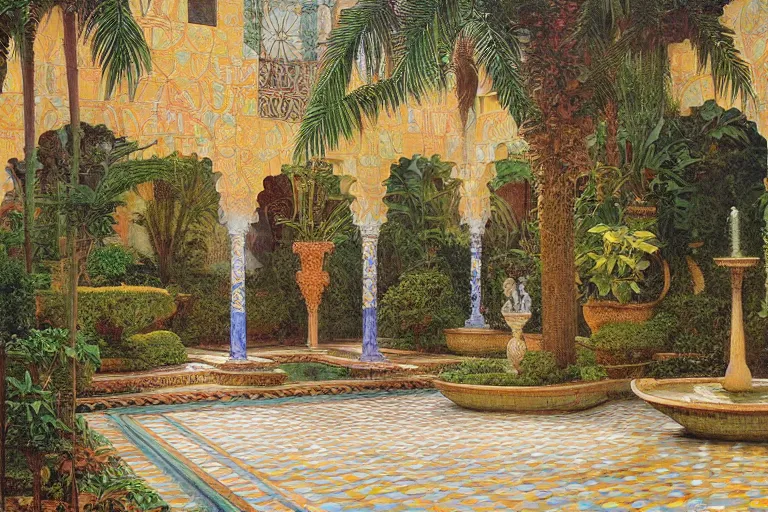 Prompt: painting of a beautiful moorish palace courtyard garden, by donato giancola and maxfield parrish and evelyn de morgan and rudolf ernst, patterned tilework, palm trees, tiled fountains, extremely detailed, cinematic lighting, smooth sharp focus