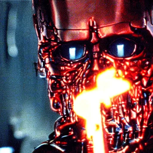 Prompt: film still of the terminator covering his face with a bandana, red glowing eyes, grainy