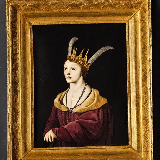 Image similar to renaissance style portrait of an alpine ibex wearing a crown and a cape, dark background