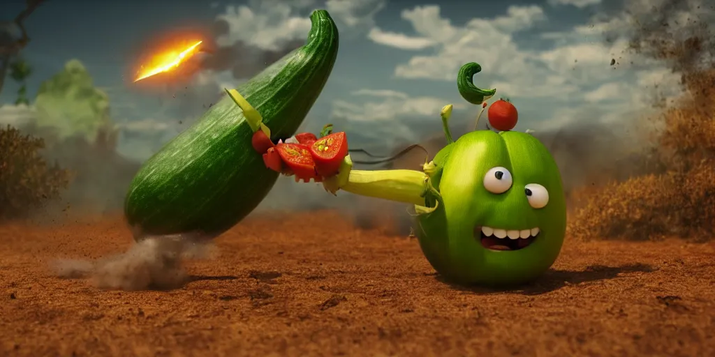 Prompt: detailed 3 d render of a raging zucchini character with a ninja sword running on dirt road, scared tomates scattered everywhere, high speed action, explosions, dramatic scene, hyper realistic octane render, cinematic lighting, splatter, deviantart, black sky, lowbrow, frame from pixar movie