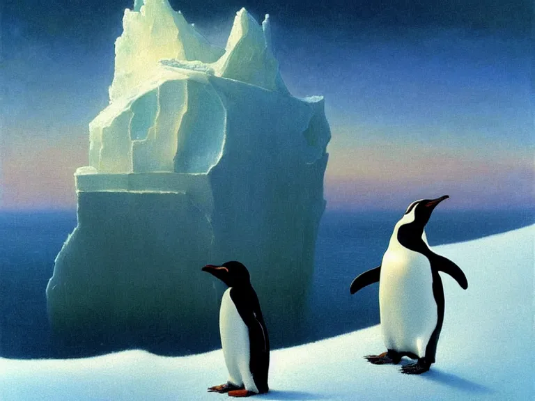 Image similar to an oil painting of a penguin playing in pure white snow on an iceberg in a serene ocean at dusk. aurora. by beksinski tuomas korpi moebius and carl spitzweg. baroque elements. intricate artwork by caravaggio. oil painting. oil on canvas. award winning. dramatic. trending on artstation. 8 k