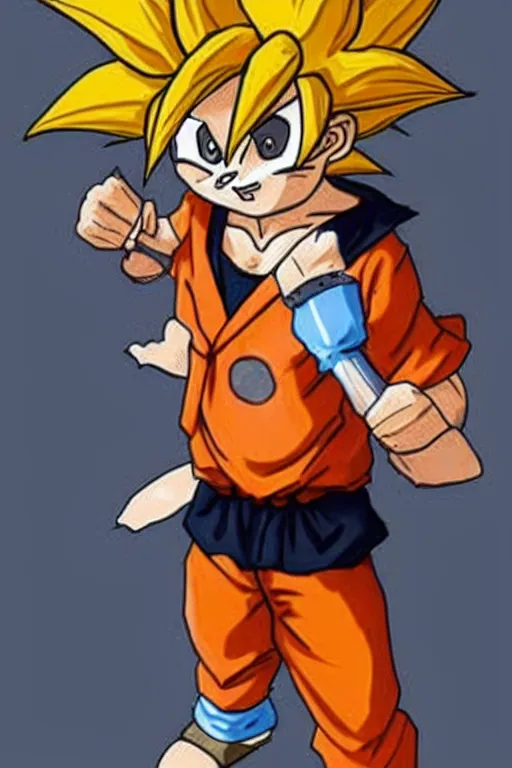 Image similar to a racoon dressed up as goku, realistic.