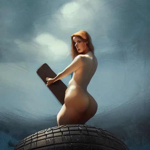 Image similar to concept art of a woman on a wood board suspended around a slick tyre in saint - martin lagoon, by aenaluck, artgerm and roberto ferri and greg rutkowski, blue and white tones, digital painting, artstation, concept art, smooth, sharp foccus ilustration hq - h 7 6 8