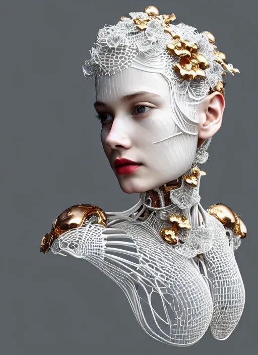 Image similar to complex 3d render ultra detailed of a beautiful porcelain profile woman face, mechanical cyborg, 150 mm, beautiful natural soft light, rim light, silver gold details, bloom magnolia big leaves and stems, roots, fine foliage lace, maze like, mesh wire, intricate details, hyperrealistic, ultra detailed, mandelbrot fractal, anatomical, red lips, white metal armor, facial muscles, cable wires, microchip, elegant, high fashion, octane render, H.R. Giger style, 8k