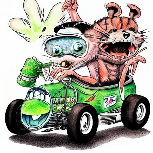 Image similar to ratfink style by ed roth, racoon riding in a tiny hot rod coupe with oversized engine, centered award winning watercolor pen illustration, by caroline choi, edited by range murata