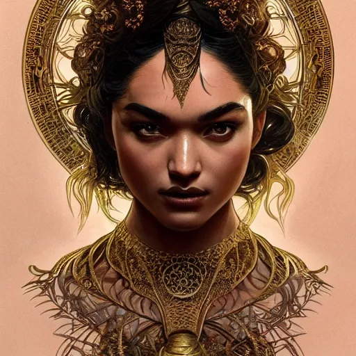 Image similar to Shanina Shaik as Medusa, greek goddess, intricate, elegant, highly detailed, digital painting, artstation, concept art, smooth, sharp focus, illustration, art by artgerm and greg rutkowski and alphonse mucha