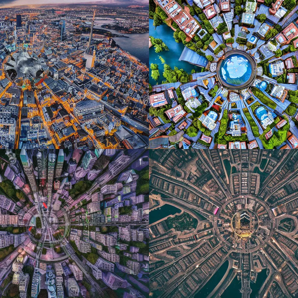 Prompt: A fantasy city, drone shot, in style of Johannes Voss