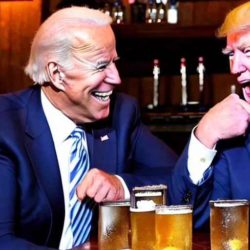 Prompt: joe biden and donald trump getting drunk together at a pub, laughing and joking, at night