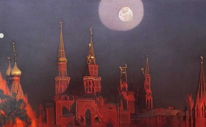 Image similar to a picture in high contrast by vasily vereshchagin of burning!!! st. basil's cathedral ( in smoke ) and ashes by the village, full moon in clouds!, visual art, 8 k resolution, 3 d modelling, hard lighting, masterpiece, vray