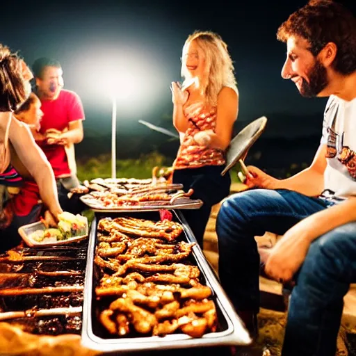 Prompt: a photo of some argentine friends eating a barbecue at night