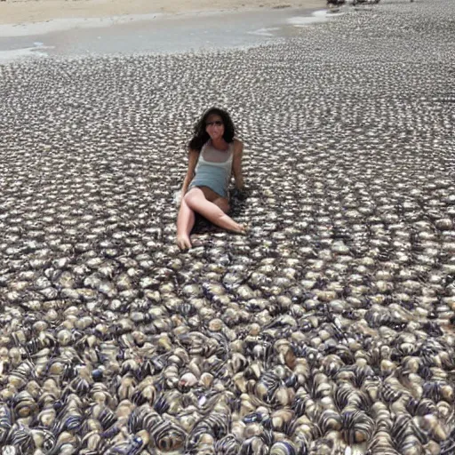 Prompt: young woman sunbathing on a beach made of thousands of nails, screws and other metal tools