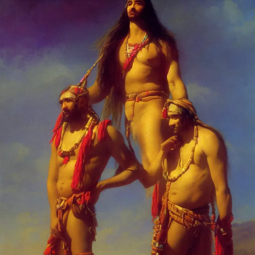 Image similar to handsome navaho god in a loincloth, posing against a royal purple backdrop by ivan aivazovsky, oil painting, beautiful soft lighting, saturated colours, artstation