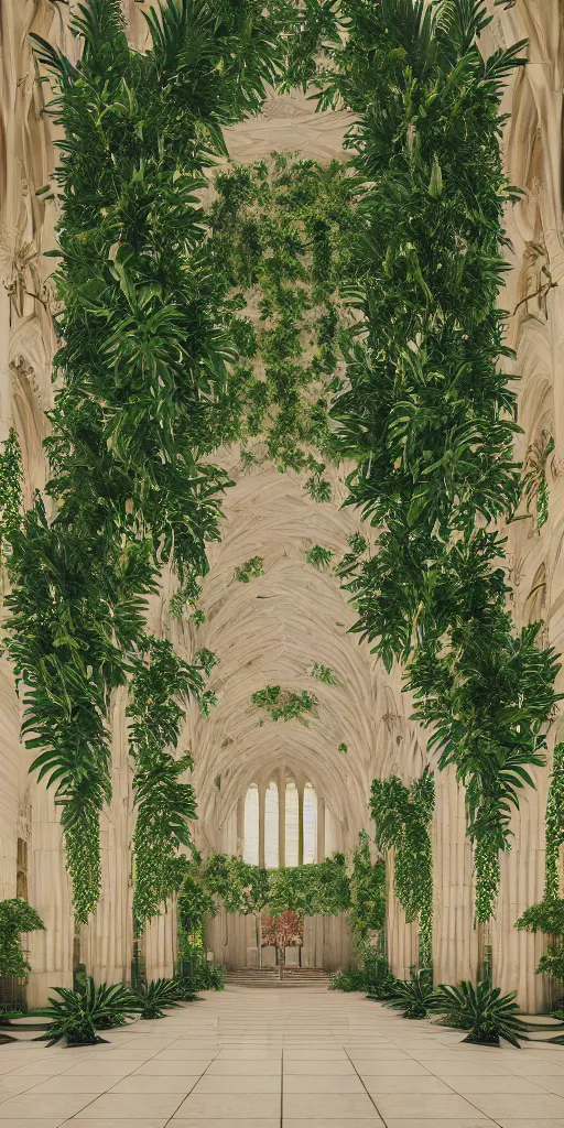 Image similar to grand cathedral interior with koi pond in the middle surrounded by palm trees, ivy, flowers, tropical plants, roses, and with archways, rendered in octane render with photorealistic cinematic volumetric lighting, cinematic, centered, horizontal symmetry