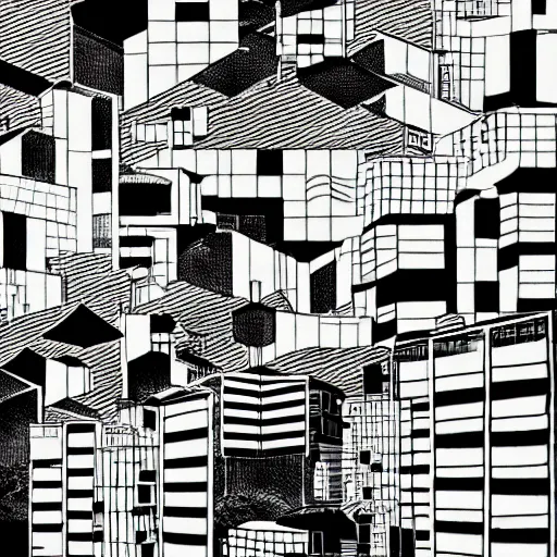 Prompt: a manga vignette with a japanese urban geometrical landscape, black and white, in style of inio asano