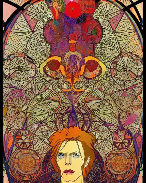 Image similar to David Bowie art surrounded by varities of superhot chili peppers, cell shading, voronoi, fibonacci sequence, sacred geometry by Alphonse Mucha, Moebius, hiroshi yoshida, Art Nouveau, colorful, ultradetailed, vivid colour, 3d