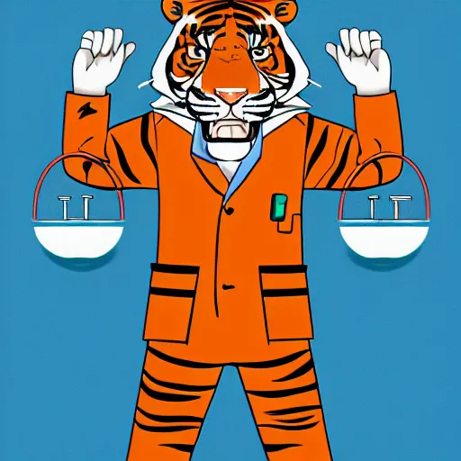 Image similar to A tiger in a lab coat with a 1980s Miami vibe, turning a well oiled science content machine, digital art