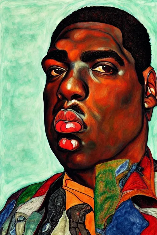 Image similar to a portrait of biggie small in style of egon schiele, masterpiece, hyperdetailed, complex, intricate, 4 k, trending on artstation