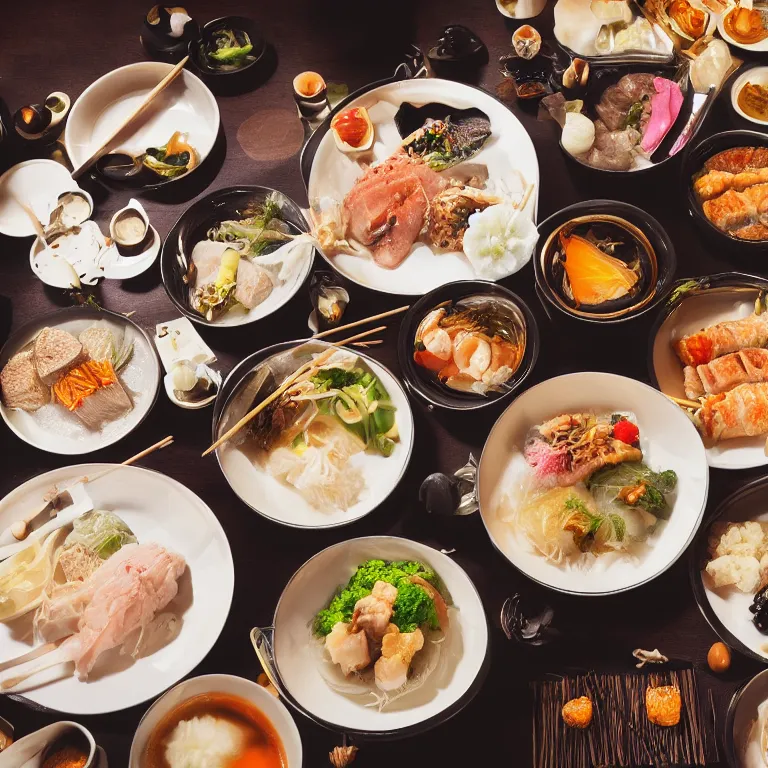 Prompt: close - up focused dslr photograph of a japanese dinner, 8 k, high detail, volumetric lighting, hyperrealism, aesthetically pleasing, studio lighting, trending