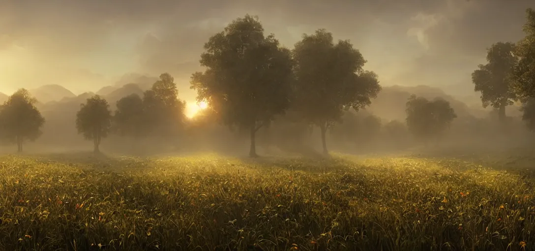 Image similar to beautiful meadow at sunrise, thin morning fog hovering close to the ground, symmetry, intricate Details, raphael lacoste, eddie mendoza, alex ross, concept art, matte painting, highly detailed, rule of thirds, dynamic lighting, cinematic, detailed, denoised, centerd, clean render