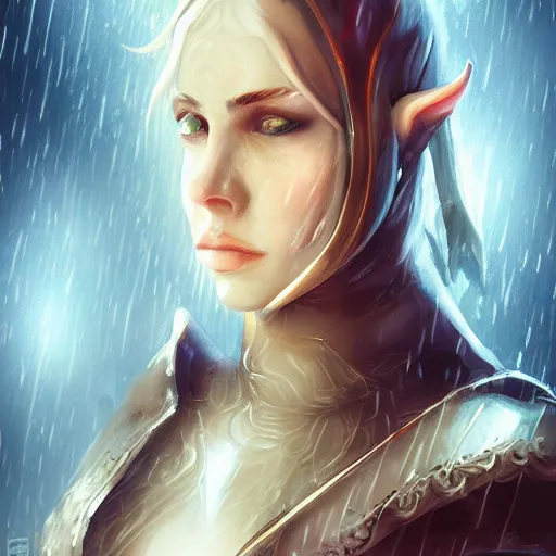 Image similar to high fantasy, portrait of a determined elven woman, chef clothes, rain, kitchen knife, depth, digital art, high detail, trending on artstation