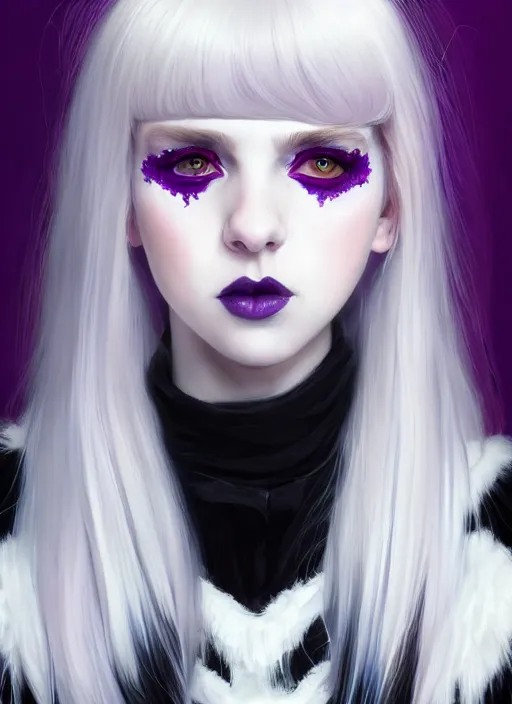 Image similar to portrait of white teenage girl, normal face, white bangs, mall goth, cyberlox, black and white hair, bangs, fluffy bangs, red contact lenses, purple lipstick, intricate, elegant, highly detailed, digital painting, artstation, concept art, sharp focus, smooth, illustration, art by wlop, mars ravelo and greg rutkowski