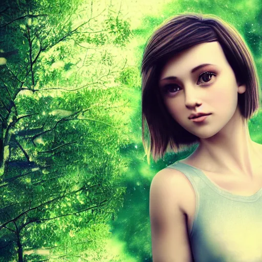 Image similar to an hd photo of a cute young woman with short brown hair and green eyes, beautiful trees in the background, night sky with stars and galaxies, trending on artstation