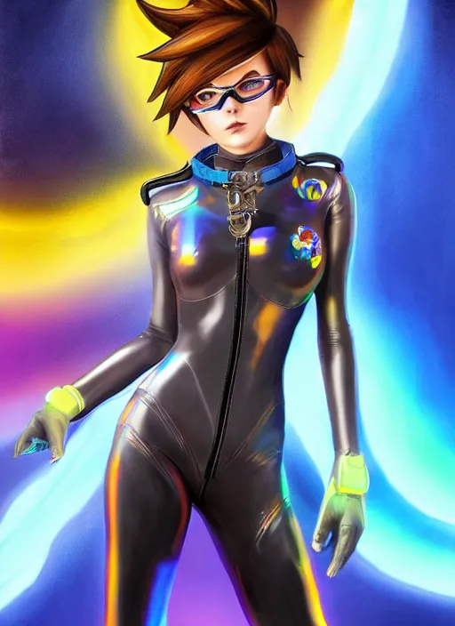 Image similar to portrait digital artwork of tracer overwatch, wearing iridescent rainbow latex and leather straps catsuit outfit, in style of mark arian, angel wings, dramatic painting, wearing detailed leather collar, chains, black harness, detailed face and eyes,