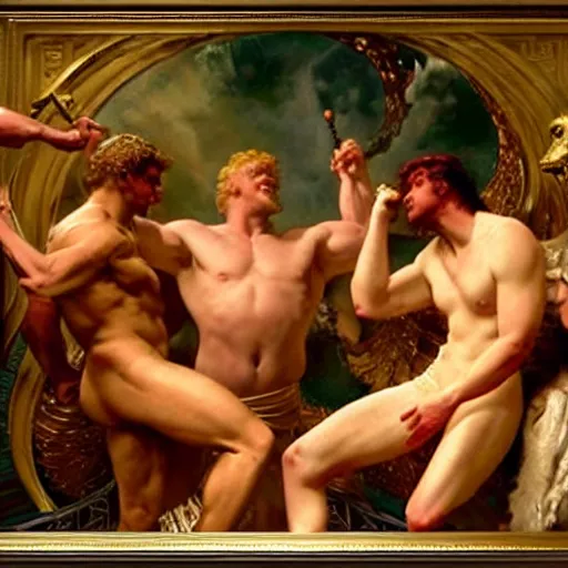 Image similar to down syndrome ares and hercules hit dabs in front of zeus the ruler of olympus, heavenly marble, ambrosia served on golden platters, painting by gaston bussiere, craig mullins, j. c. leyendecker, tom of finland