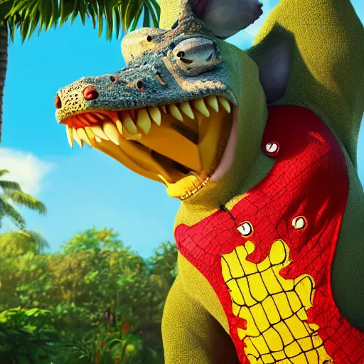 Image similar to 3 d render, anthropomorphic alligator, red scales on his back, yellow scale on his belly and chest, male, waring a hawaiian shirt, in the style of zootopia, hd, 4 k, high definition background