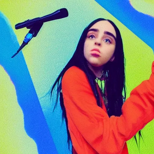 Image similar to a combination of Billie Eilish, Ariana Grande and Camilla Cabello with a microphone, selfie, symmetric, high details, hyperrealistic, bright colors,