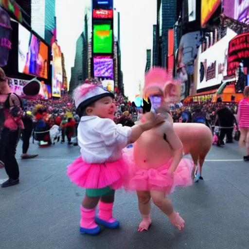 Image similar to A baby and and a pig wearing a tutu dancing in Times Square, New York, high quality, 4k, ArtStstion trending