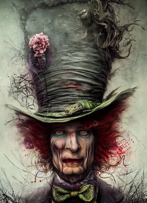 Image similar to mad hatter, call of cthulhu, highly detailed, cinematic, 8 k, by megan duncanson, benjamin lacombe, adrian borda, stanley artgermm, tom bagshaw, craig mullins, carne griffiths, ayami kojima, beksinski, giger, trending on deviantart, hyper detailed, horror, full of colour