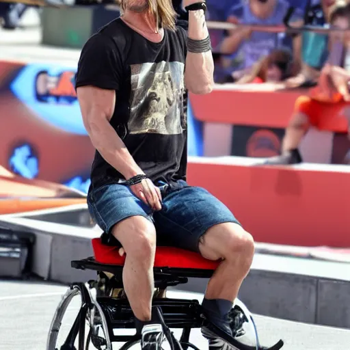 Prompt: brad pitt in a wheelchair at the x - games, action shot, award winning photograph, high resolution