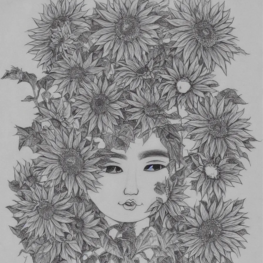 Prompt: chinese female sunflower deity gray face long vine helianthus flowers detailed drawing