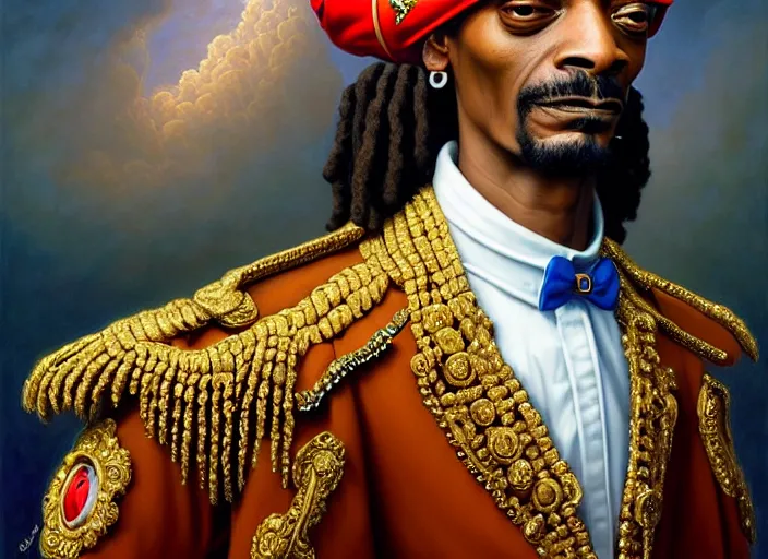 Image similar to snoop dog dressed as napoleon, intricate, elegant, highly detailed, centered, digital painting, artstation, concept art, smooth, sharp focus, illustration, artgerm, tomasz alen kopera, peter mohrbacher, donato giancola, joseph christian leyendecker, wlop, boris vallejo