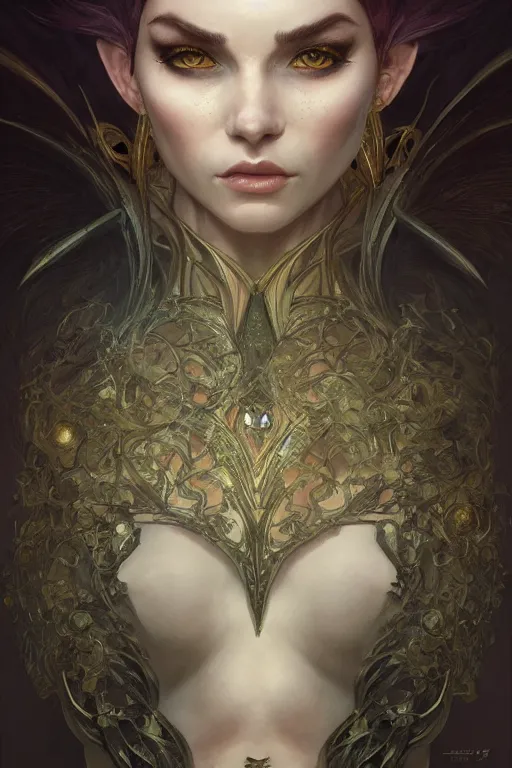 Image similar to portrait of demon elf queen, forest, godlike, upper body, fantasy, intricate, elegant, highly detailed, digital painting, artstation, concept art, sharp focus, illustration, art by artgerm and greg rutkowski and alphonse mucha