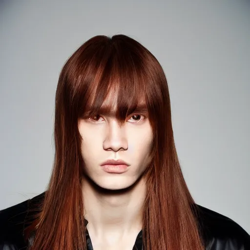 Image similar to a beautiful picture of a jong red blond european man wiht a sharp face and brown eyes, long hair, pointy nose, straight hair