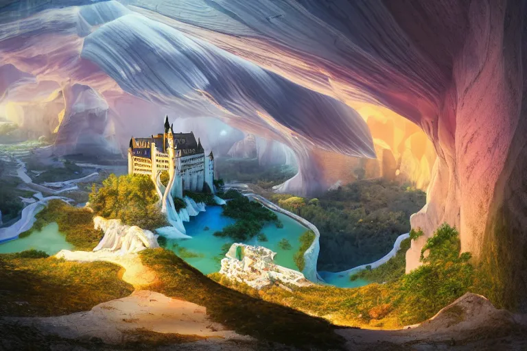 Prompt: neuschwanstein castle on pamukkale thermal waters flowing down gold travertine terraces in royal blue antelope canyon during sakura season on an interstellar aurora borealis with heavy thunder and lightning, pink waterfalls, by peter mohrbacher, james jean, james gilleard, greg rutkowski, vincent di fate, rule of thirds, octane render, beautiful landscape