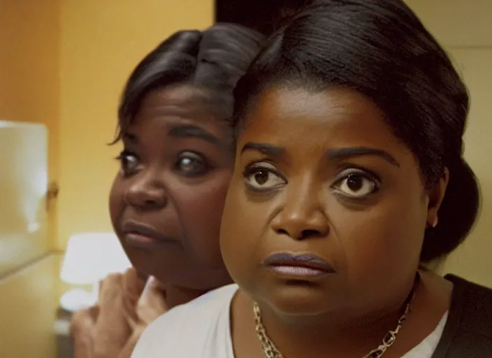 Prompt: cinematic portrait of panicking octavia spencer talking to the bathroom mirror, scene from the tense thriller film ( 2 0 0 1 ) directed by spike jonze, hyper - detailed face, dramatic backlit window, volumetric hazy lighting, moody cinematography, 3 5 mm kodak color film, anamorphic wide angle lens