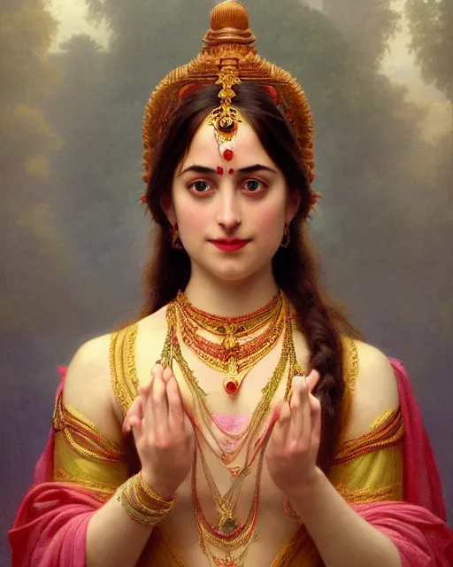 Prompt: Dakota Johnson as a beautiful Hindu Goddess, gorgeous, portrait, Symmetrical, powerful, intricate, beautiful, masterpiece, elegant, volumetric lighting, highly detailed, digital painting, hyper-realistic, artstation, sharp focus, no blur, illustration, William-Adolphe Bouguereau , ruan jia